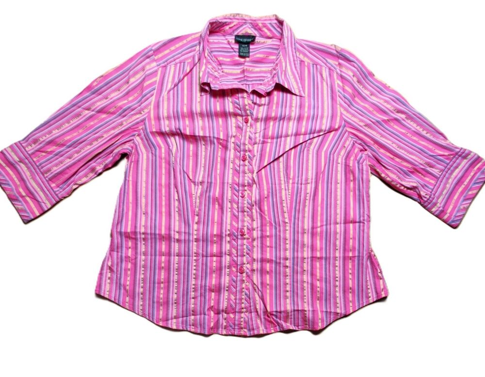 Lane Bryant Button Up Shirt 14/16 Pink Striped Stretch Career Blouse